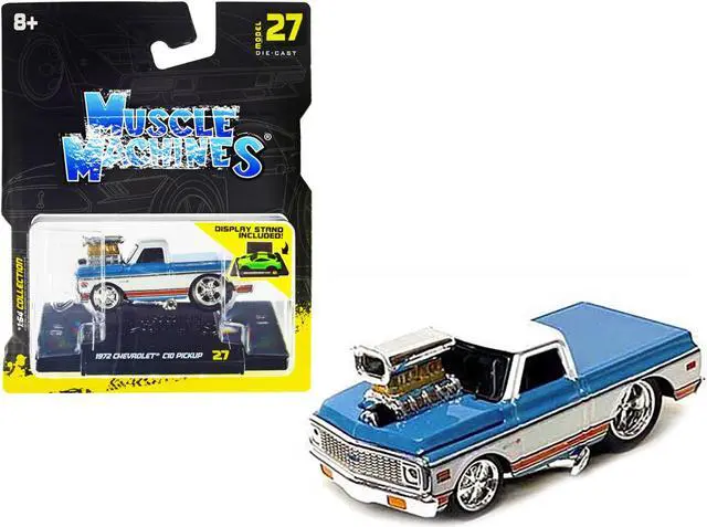 Main image of 1972 Chevrolet C10 Pickup Truck Blue and White with Stripes 1/64 Diecast Model Car by Muscle Machines