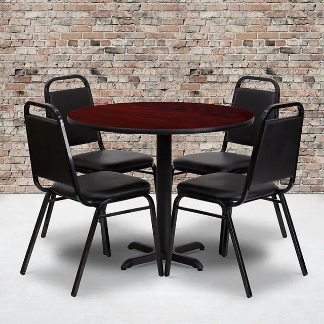 Alt view image 2 of 9 - Flash Furniture HDBF1002-GG Round Mahogany Laminate Table Set with 4 Black Trapezoidal Back Banquet Chairs, 36"