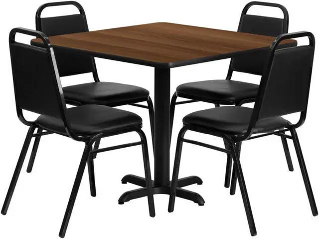 Alt view image 3 of 8 - Flash Furniture HDBF1012-GG 36" Square Walnut Laminate Table Set with 4 Black Trapezoidal Back Banquet Chairs