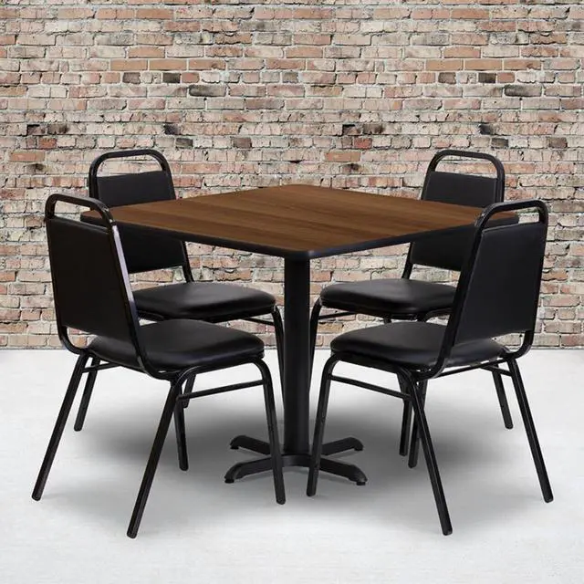Alt view image 2 of 8 - Flash Furniture HDBF1012-GG 36" Square Walnut Laminate Table Set with 4 Black Trapezoidal Back Banquet Chairs