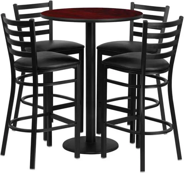 Alt view image 3 of 6 - Flash Furniture 30'' Round Mahogany Laminate Table Set with 4 Ladder Back Metal Bar Stools-Black Vinyl Seat
