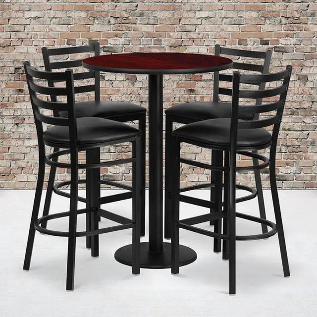 Alt view image 2 of 6 - Flash Furniture 30'' Round Mahogany Laminate Table Set with 4 Ladder Back Metal Bar Stools-Black Vinyl Seat