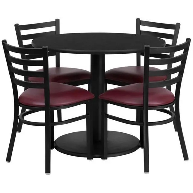Alt view image 3 of 3 - Flash Furniture 36" Round Black Laminate Table Set with 4 Ladder Back Metal Chairs with Burgundy Vinyl Seat