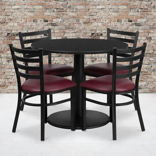 Alt view image 2 of 3 - Flash Furniture 36" Round Black Laminate Table Set with 4 Ladder Back Metal Chairs with Burgundy Vinyl Seat