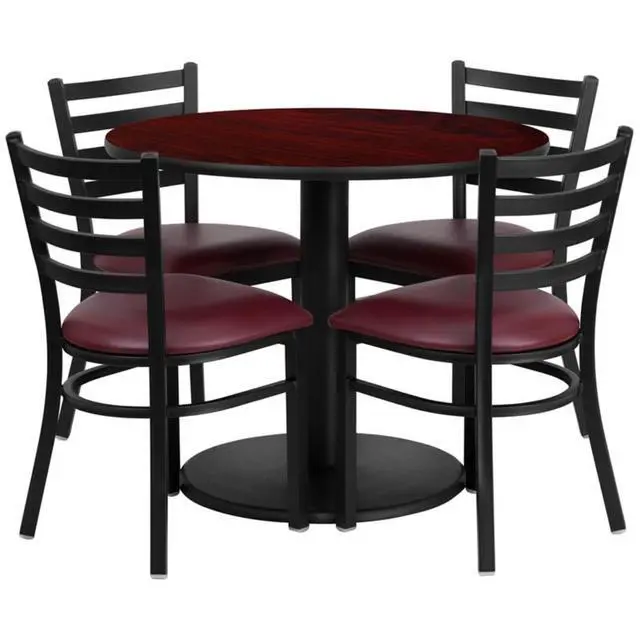 Alt view image 3 of 7 - Flash Furniture 36" Round Mahogany Laminate Table Set with 4 Ladder Back Metal Chairs with Burgundy Vinyl Seat