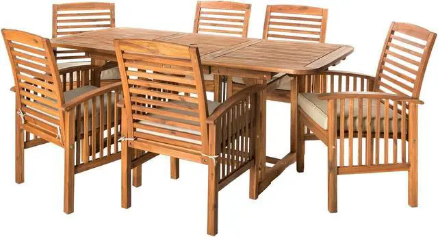 Main image of Walker Edison 7-Piece Brown Acacia Patio Dining Set with Cushions