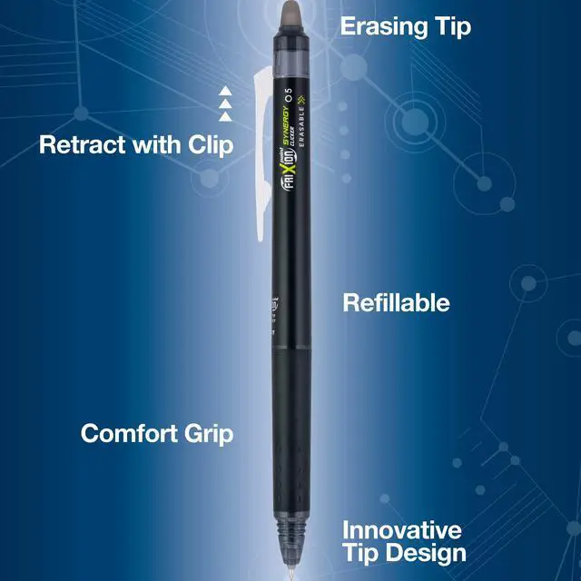 Alt view image 5 of 7 - Pilot, FriXion Synergy Clicker Erasable, Refillable, Retractable Gel Ink Pens, Extra Fine Point 0.5 mm, Pack of 3, Black
