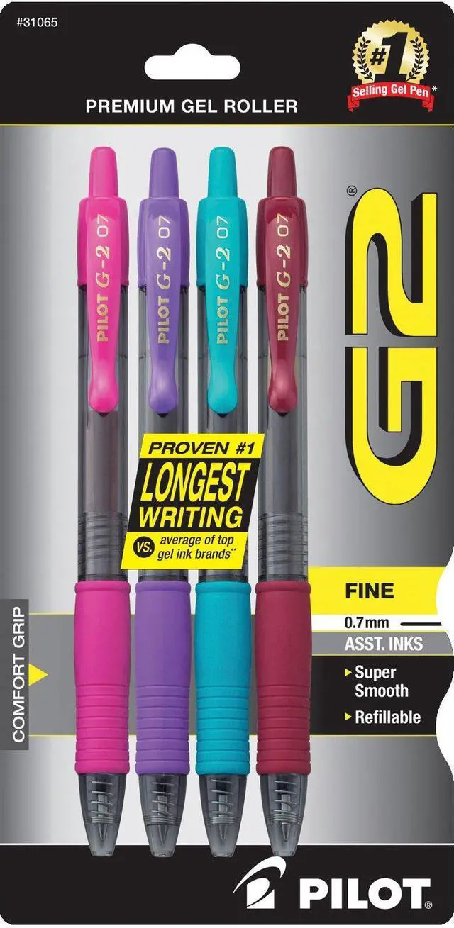 Main image of PILOT G2 Premium Refillable and Retractable Rolling Ball Gel Pens, Fine Point, Purple/Pink/Turquoise/Burgundy Inks, 4-Pack (31065)
