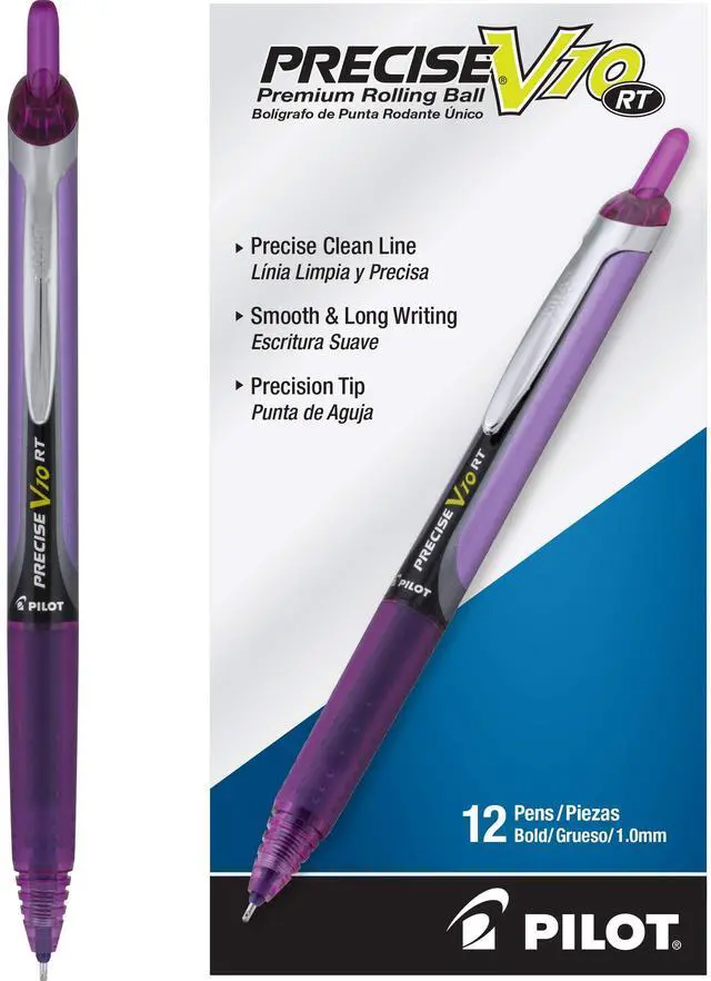 Main image of Pilot Precise V10 RT Refillable & Retractable Rolling Ball Pens, Bold Point, Purple Ink, 1.0mm, 12-Pack