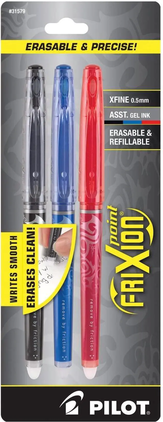 Main image of Pilot, FriXion Point Erasable & Refillable Gel Ink Pens, Extra Fine Point 0.5 mm, Pack of 3, Black, Blue & Red