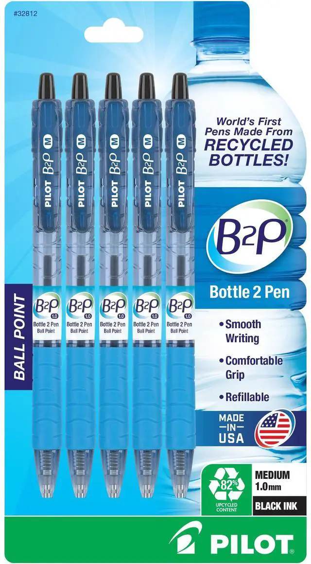 Main image of Pilot B2P - Bottle to Pen Refillable & Retractable Ballpoint Pens Made From Recycled Bottles, Medium Point, Black Ink, 1.0mm, 5-Pack