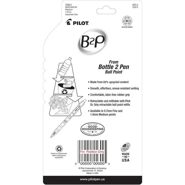Alt view image 2 of 4 - PILOT B2P - Bottle to Pen Refillable & Retractable Ball Point Pen Made From Recycled Bottles, Medium Point, Black/Blue/Red/Green/Purple Inks, 5-Pack (32814)