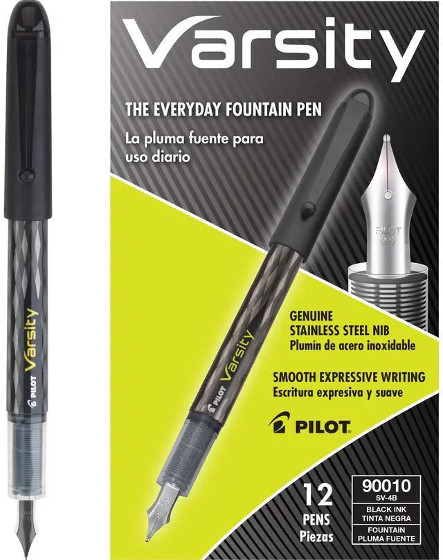 Main image of Pilot Precise Varsity Pre-Filled Fountain Pens for Writing, Medium Point Stainless Steel Nib, Black Ink, 1.0mm, 12-Pack