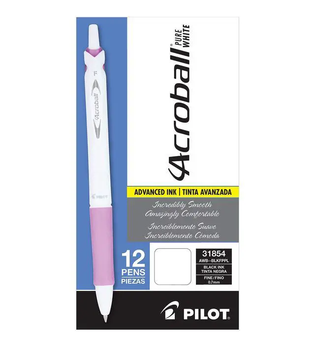 Alt view image 2 of 5 - Pilot Acroball PureWhite Advanced Ink Refillable & Retractable Ball Point Pens with Purple Accents, Fine Point, Ballpoint Pens, Black Ink, 0.7mm, 12-Pack