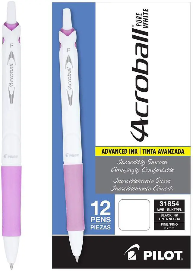Main image of Pilot Acroball PureWhite Advanced Ink Refillable & Retractable Ball Point Pens with Purple Accents, Fine Point, Ballpoint Pens, Black Ink, 0.7mm, 12-Pack