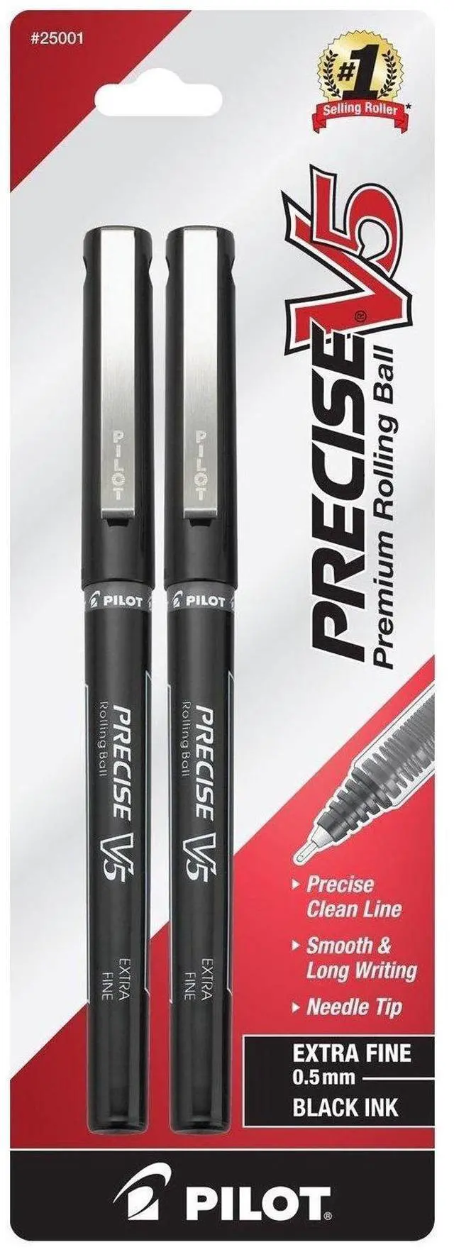 Main image of PILOT Precise V5 Stick Liquid Ink Rolling Ball Stick Pens, Extra Fine Point (0.5mm) Black Ink, 2-Pack (25001)