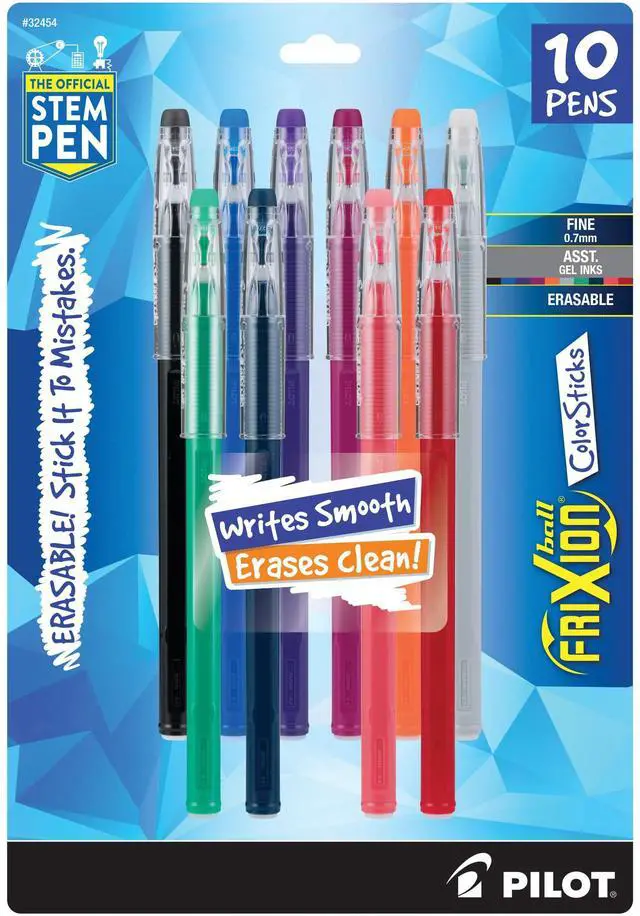 Main image of Pilot FriXion ColorSticks Erasable Gel Ink Pens, Fine Point 0.7 mm, Assorted Colors, Pack of 10, Erasable Pens - Ideal for School, Journaling, & Office Writing