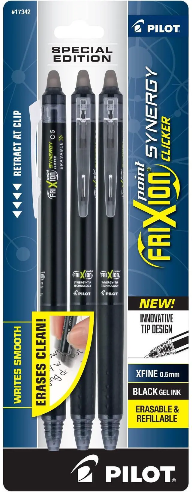 Main image of Pilot, FriXion Synergy Clicker Erasable, Refillable, Retractable Gel Ink Pens, Extra Fine Point 0.5 mm, Pack of 3, Black