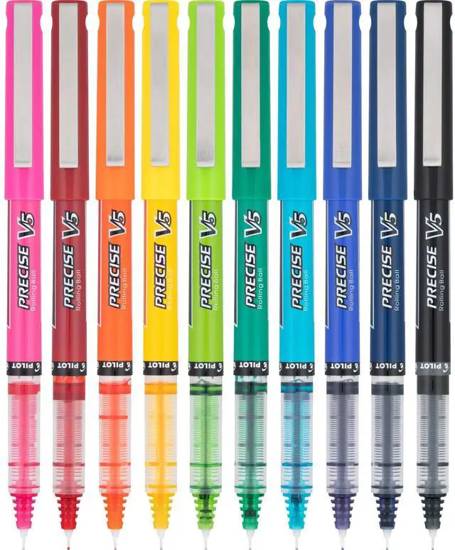 Main image of Pilot Precise V5 Capped Liquid Ink Rollerball Pens, Extra Fine Point Ink Pens 0.5 mm, Colored, Assorted Colors, Pack of 10 - Ideal for School, Journaling, & Office Writing