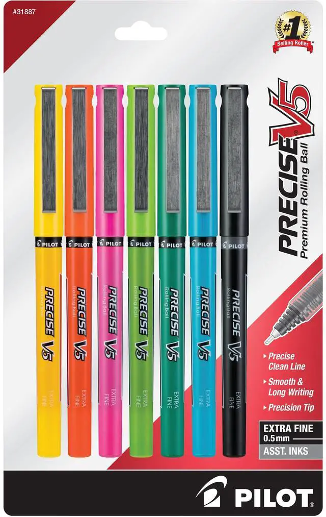 Main image of Pilot Precise V5 Capped Liquid Ink Rollerball Pens, Extra Fine Point Ink Pens 0.5 mm, Colored Pens, Assorted Colors, Pack of 7 - Ideal for School, Journaling, & Office Writing