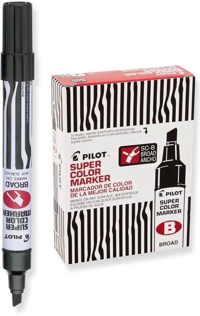 Main image of Pilot Super Color Broad Refillable Permanent Markers, Black Ink, Extra-Wide Chisel Point, Broad Permanent Markers, 12-Pack