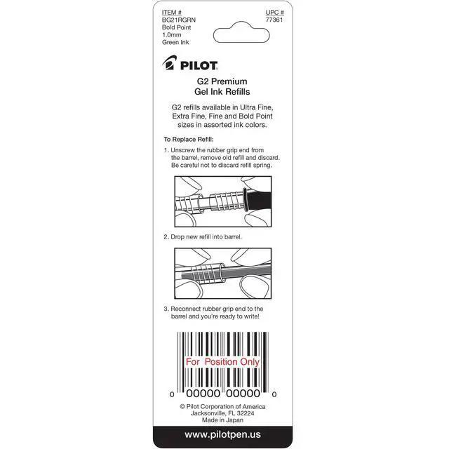 Alt view image 2 of 3 - Pilot, G2 Gel Ink Refills, Bold Point 1 mm, Green, Pack of 2