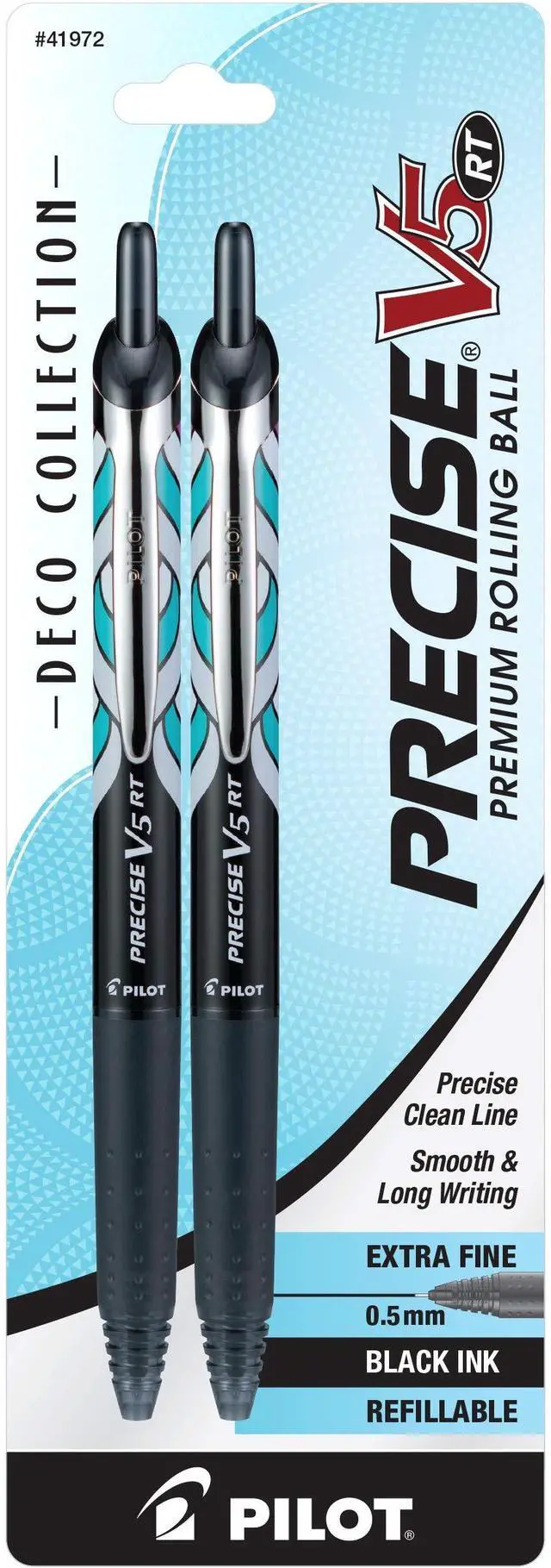 Main image of Pilot, Precise V5 RT Deco Collection Refillable & Retractable Liquid Ink Rolling Ball Pens, Extra Fine Point 0.5 mm, Black, Pack of 2