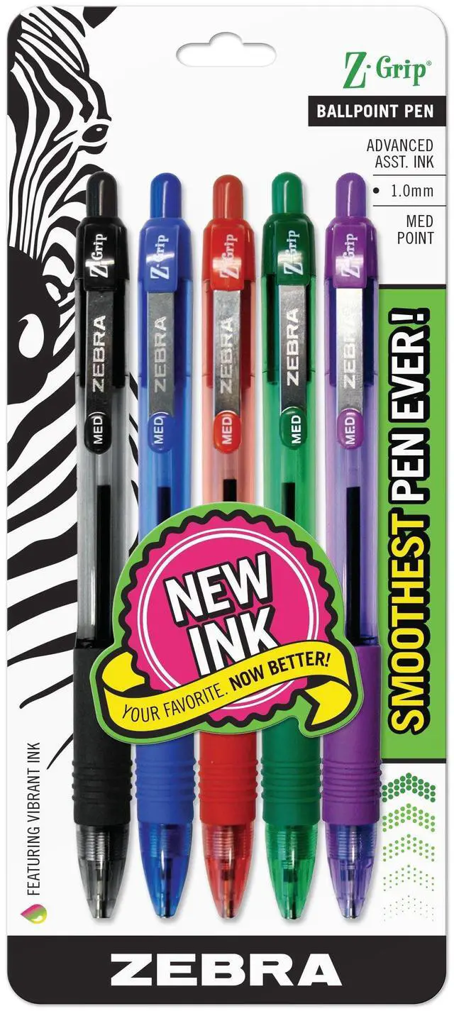 Main image of Zebra Pen Z-Grip Retractable Ballpoint Pen, Smooth-Flowing Assorted Ink, 1.0mm Medium Point, School & Office Supplies, Ideal for Note-Taking, Journal and Planner Use, 5-Pack (22205)