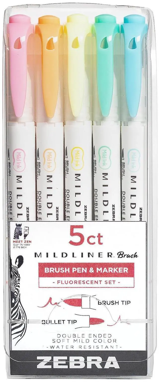 Main image of Zebra Pen MILDLINER Brush Pen, Assorted Fluorescent Colors, Dual Tip, 5-Pk