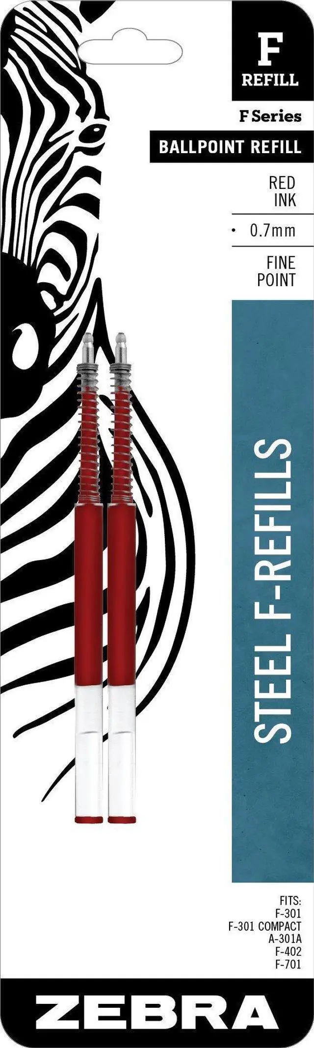 Main image of Zebra Pen Ballpoint Refill, Fits F-301, F-402, F-701, Red, 0.7mm, 2-Pack