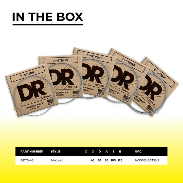 Alt view image 4 of 7 - DR Strings DDT5-45 Drop-Down Tuning Stainless Steel Medium 5-String Bass Strings