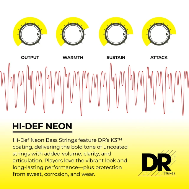 Alt view image 4 of 6 - DR Strings Hi-Def NEON Electric Bass Guitar Strings - .040-.120 Light, Yellow