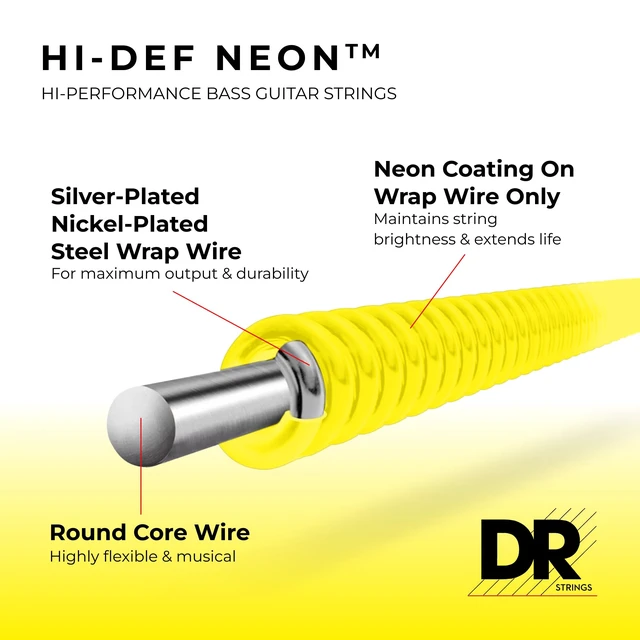 Alt view image 2 of 6 - DR Strings Hi-Def NEON Electric Bass Guitar Strings - .040-.120 Light, Yellow