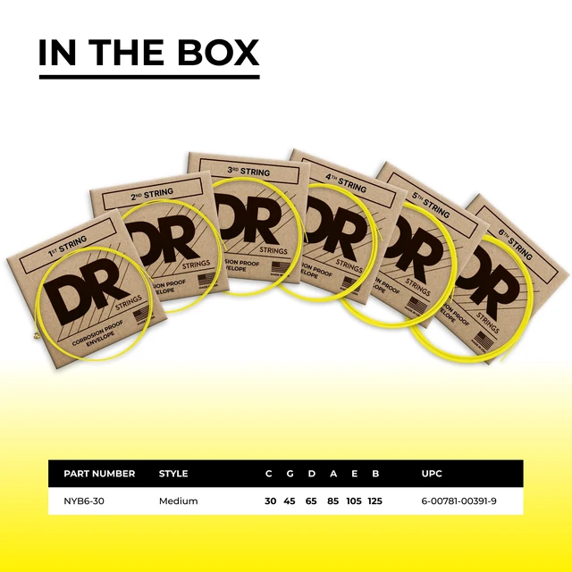 Alt view image 4 of 7 - DR Strings Hi-Def NEON Electric Bass Guitar Strings - .030-.125 Medium, Yellow