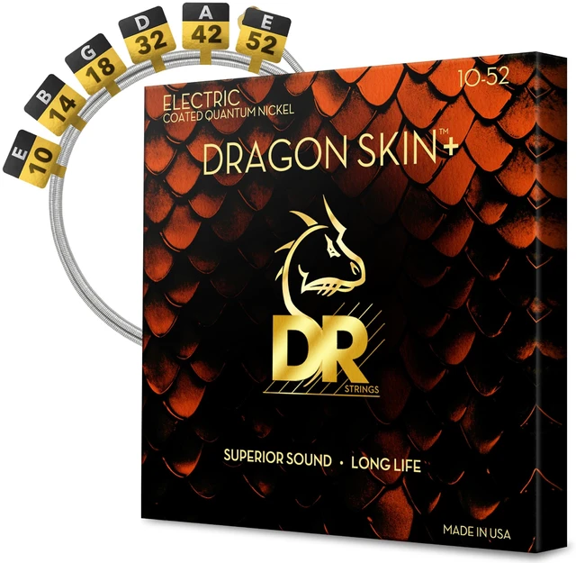 Main image of DR Strings Electric Guitar Strings | DRAGON SKIN+ Coated Quantum Nickel | DEQ-10/52 | Superior Sound with Comfortable Feel & Long Life | Medium to Heavy 10-52 (DEQ-10/52)