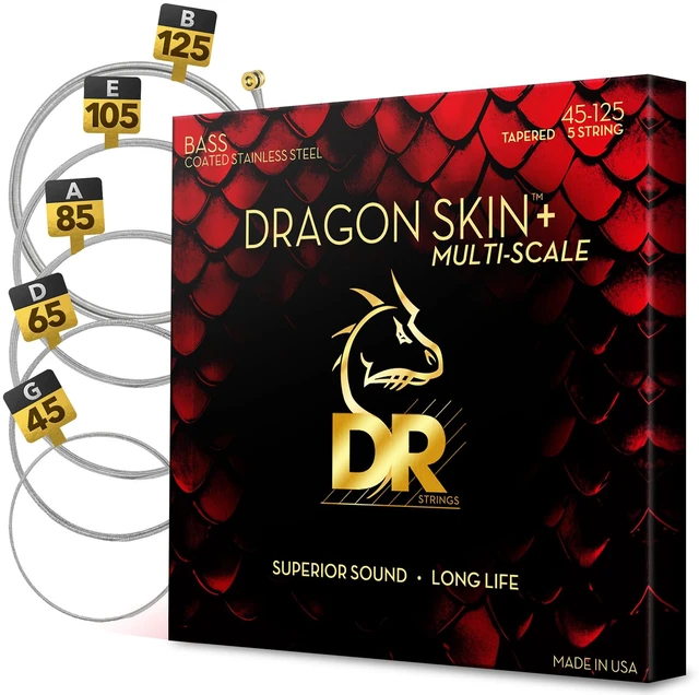Main image of DR Strings Dragon Skin+ Coated Tapered Multi-scale 5-string Bass Guitar Strings - .045-.125 Medium