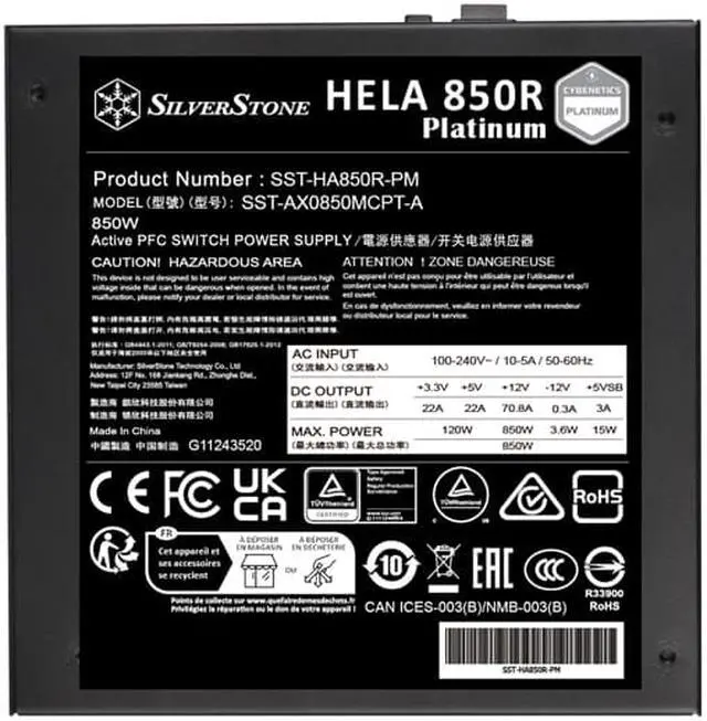 Alt view image 4 of 5 - Silverstone HELA 850R Platinum Cybenetics Platinum 850W PCIe 5.0 fully modular ATX PSU
