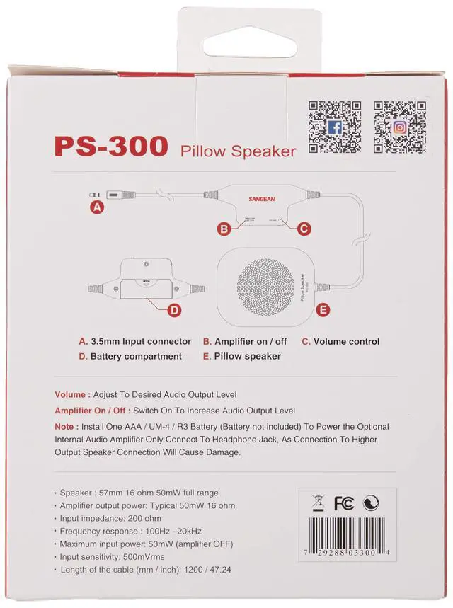Alt view image 5 of 5 - Sangean PS-300 Pillow Speaker with In-line Volume Control and Amplifier (White)