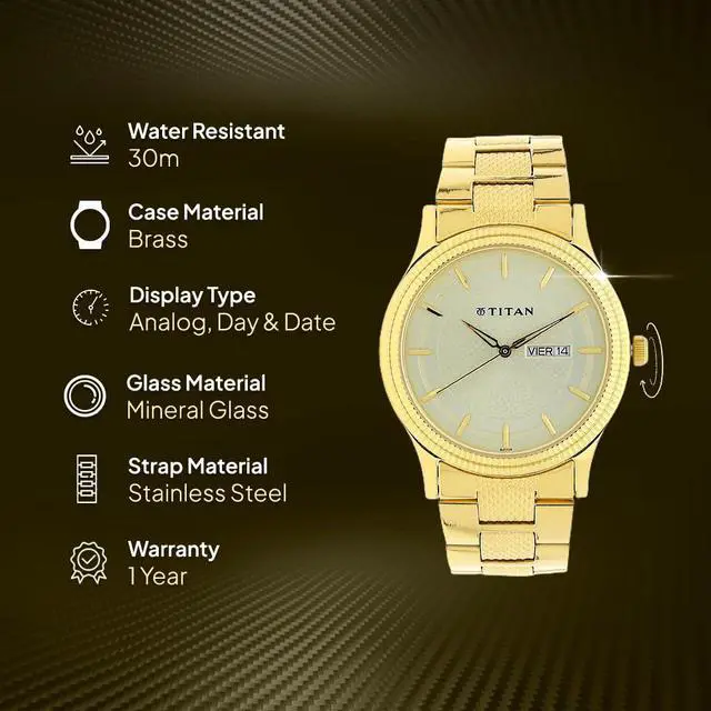 Alt view image 4 of 4 - Titan Analog Champagne Dial Stainless Steel Strap Men's Watch - 1650YM06