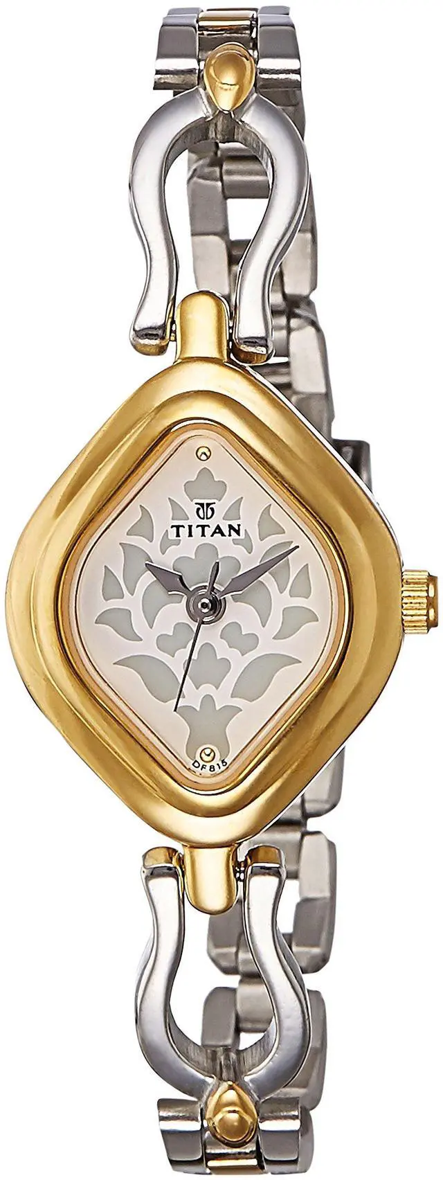 Main image of Titan Women's Diamond-Shaped Watch with Floral Motif Dial, Two-Tone Silver & Gold Strap, Elegant Minimalist Design for Weddings, Occasions & Gifting