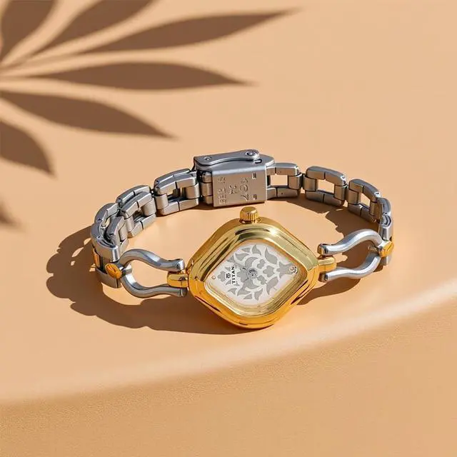 Alt view image 2 of 4 - Titan Women's Diamond-Shaped Watch with Floral Motif Dial, Two-Tone Silver & Gold Strap, Elegant Minimalist Design for Weddings, Occasions & Gifting