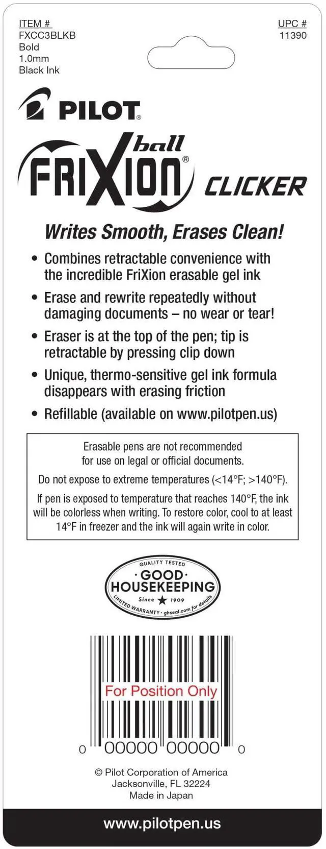 Alt view image 2 of 4 - Pilot® FriXion® Ball Clicker Erasable Retractable Gel Pens, Pack of 3, Bold Point, 1.0 mm, Black Barrels, Black Ink