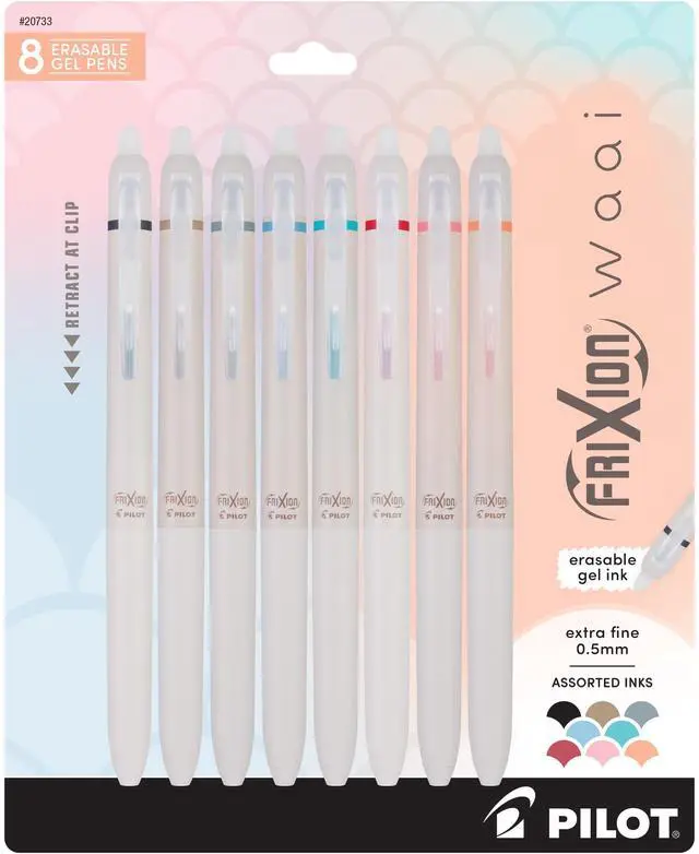 Main image of PILOT FriXion Waai Retractable & Refillable Erasable Gel Pens, Extra Fine Point 0.5 mm, Assorted Ink, 8 Count