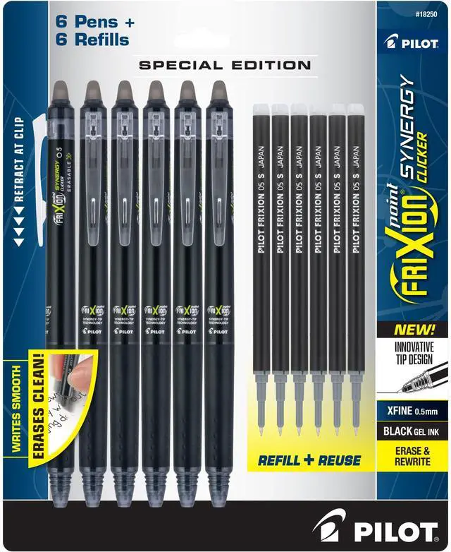 Main image of Pilot FriXion Synergy Clicker Erasable, Refillable, Retractable Gel Ink Pens, Extra Fine Point 0.5 mm, Pack of 12, Black, FriXion Erasable Pens 0.5 - Ideal for School & Office Writing