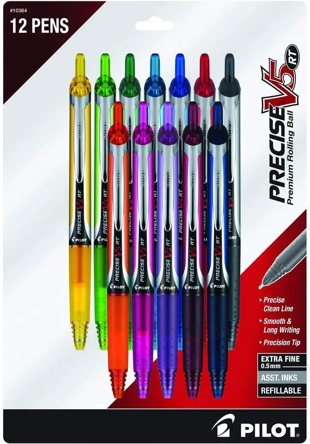 Main image of Pilot Precise V5 RT Refillable & Retractable Rolling Ball Pens, Extra Fine Point Pens, 0.5 mm, Assorted, Pack of 12 - Ideal for School, Journaling & Office Writing