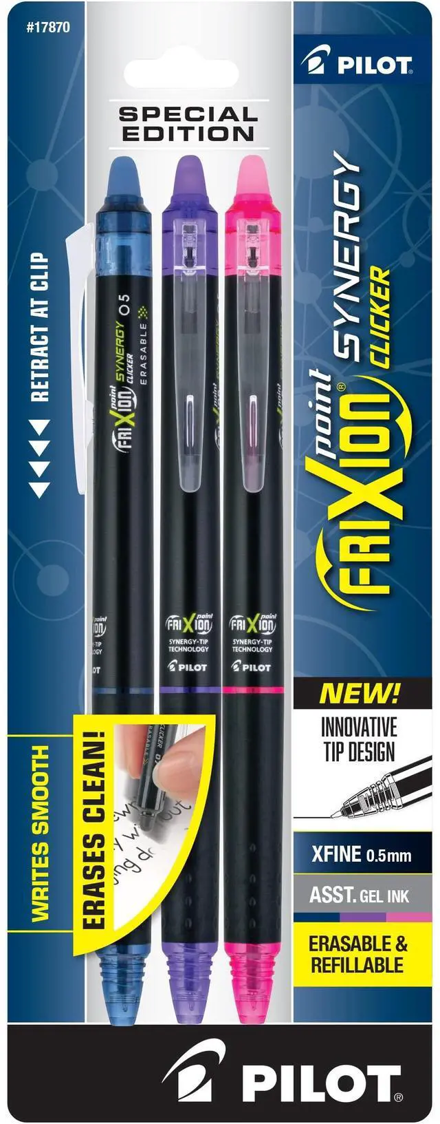 Main image of PILOT Frixion Point Synergy Clicker Retractable & Erasable Gel Ink Pens, 0.5mm Extra Fine Point, Assorted Colors, 3-pack
