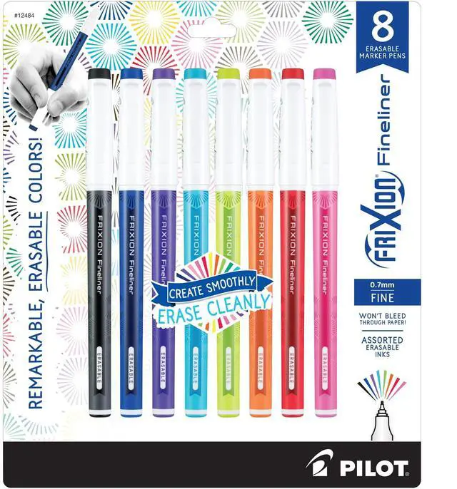 Main image of Pilot FriXion Fineliner Erasable Marker Pens, Fine Point 0.7 mm, Pack of 8, Vivid Colors, Erasable Pens - Ideal for School, Journaling, & Office Writing