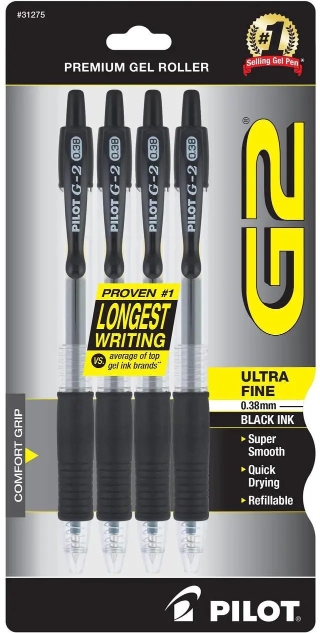 Main image of Pilot G2 Premium Refillable and Retractable Rolling Ball Gel Pens, Ultra Fine Point, Gel Ink Pens, 0.38mm, Black Ink, 4-Pack