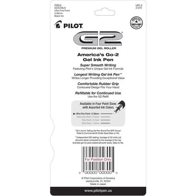 Alt view image 2 of 7 - Pilot G2 Premium Refillable and Retractable Rolling Ball Gel Pens, Ultra Fine Point, Gel Ink Pens, 0.38mm, Black Ink, 4-Pack