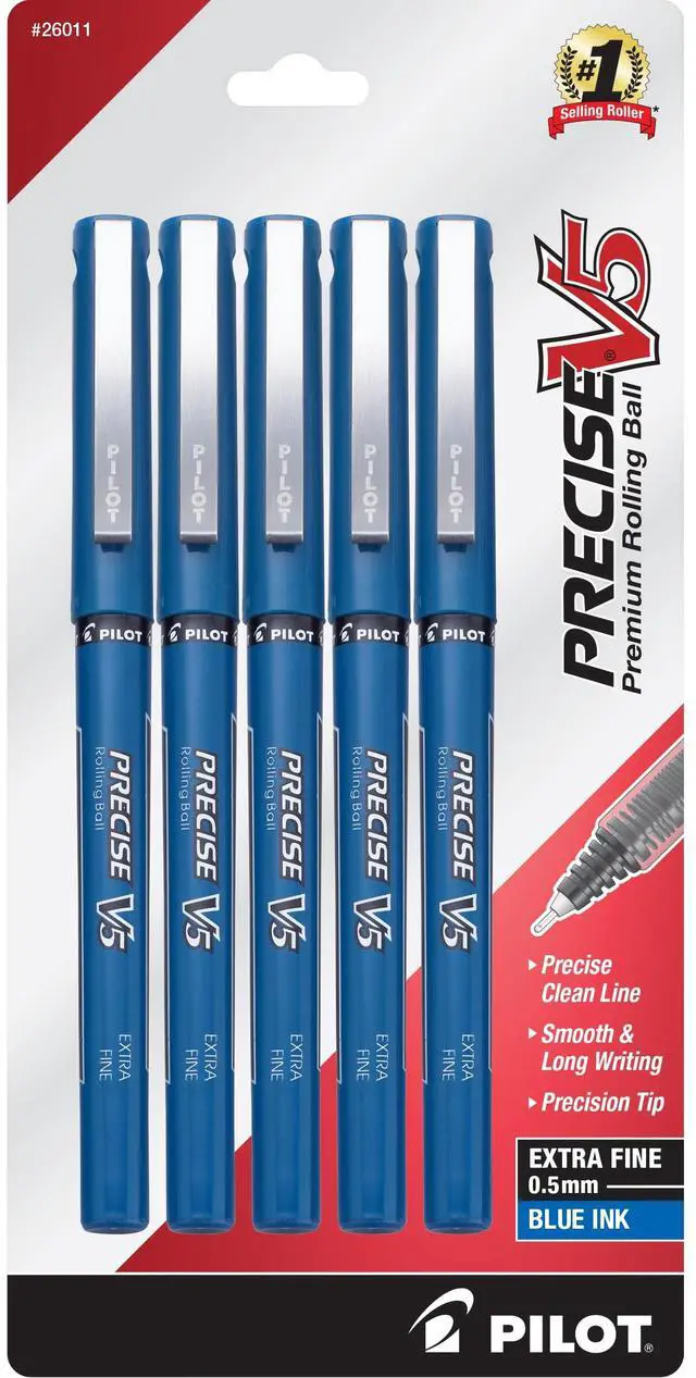 Main image of Pilot Precise V5 Rollerball Pens, Extra Fine Point 0.5 mm Blue Pens, Blue, Pack of 5 - Ideal for School, Journaling & Office Writing
